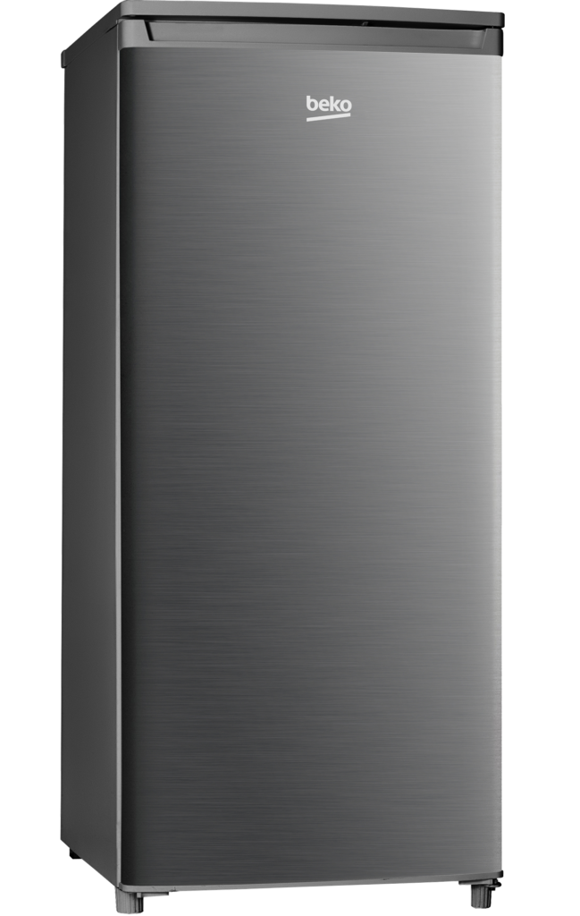 Beko 198L Single Door Fridge (BAS598X). Inox Silver, Safety Glass shelves, A+ Energy Rating, and Reversible Door design.