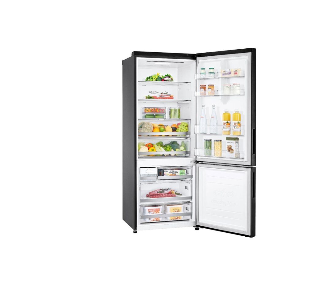 LG Bottom Freezer Fridge (GC-B569NQCM). 462L capacity, Smart Inverter Compressor, DoorCooling+, and Matte Black finish.
