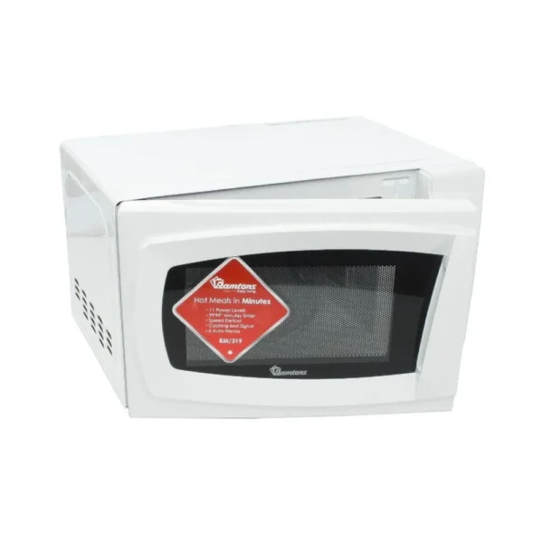White Ramtons RM/319 20 Litre Solo Microwave. Features simple mechanical controls, ideal for starter kitchens in Kenya.