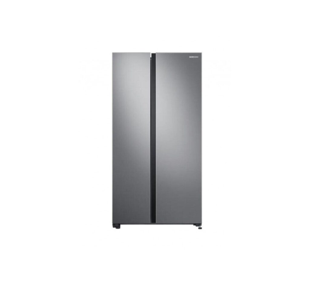Samsung 647L Side-by-Side Fridge (RS62R5005M9). Gentle Silver, SpaceMax, All-Around Cooling, and 20-year inverter warranty.