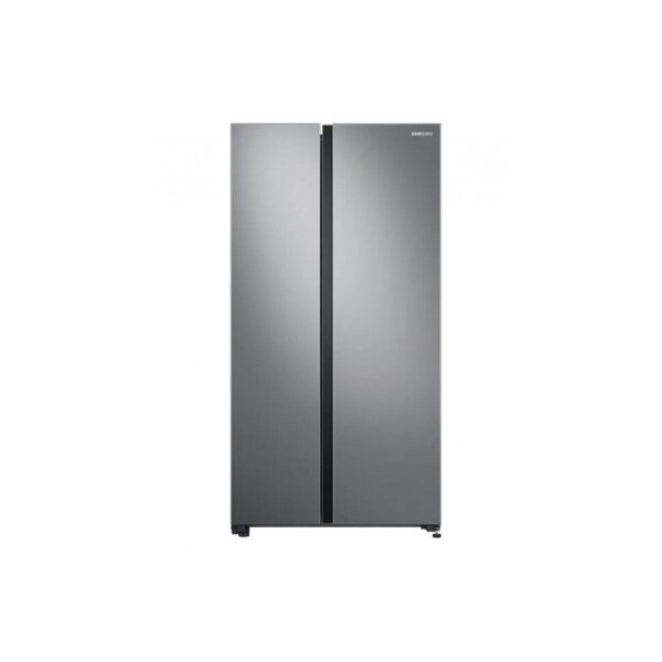 Samsung 647L Side-by-Side Fridge (RS62R5005M9). Gentle Silver, SpaceMax, All-Around Cooling, and 20-year inverter warranty.
