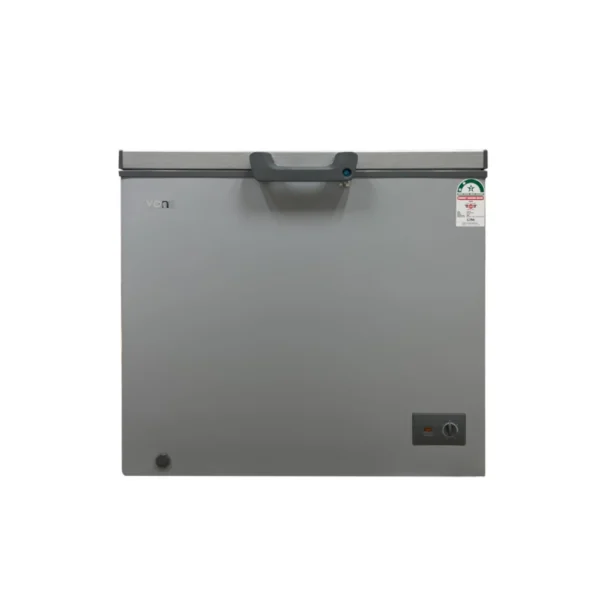Von 190L Chest Freezer (VAFC20DHG). Grey, Tropicalized, 1-door, lock & key, LED lighting, and 5-year compressor warranty.