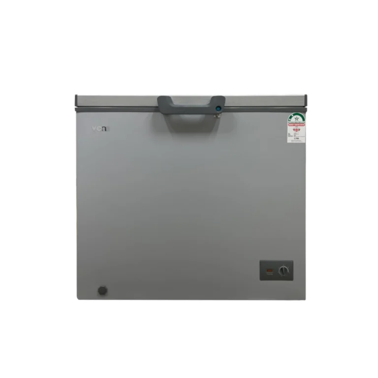 Von 190L Chest Freezer (VAFC20DHG). Grey, Tropicalized, 1-door, lock & key, LED lighting, and 5-year compressor warranty.