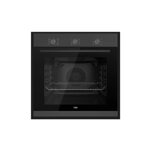 Von Built-In Oven (VBO6071MFP). Large 78L capacity, 7 functions, Mechanical Timer, and Chicken Rotisserie in Platinum Grey.