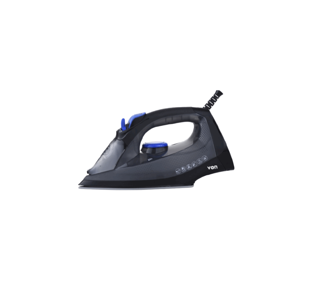 Von VIS221CSK 2200W Steam Iron. Ceramic soleplate, 300ml water tank, and vertical steam for efficient wrinkle removal.