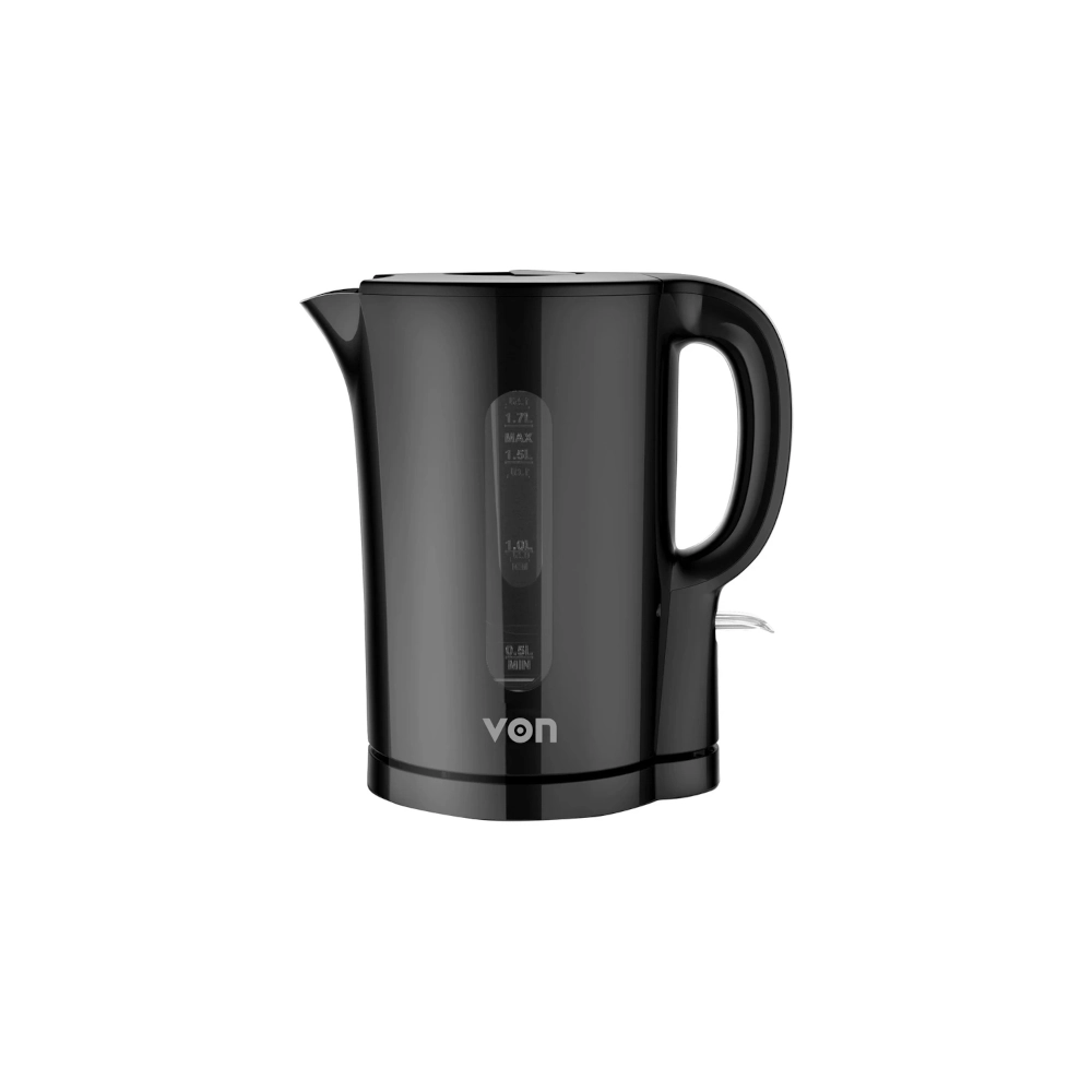 Von VKCL17CDB 1.7L Cordless Kettle. 2200W rapid boil, stainless steel heating element, and 360° swivel base for ease.