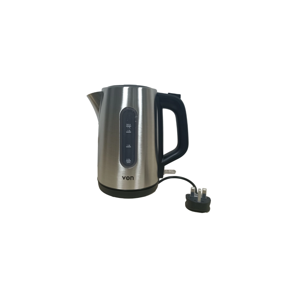 Von VKCL17SDX 1.7L Cordless Kettle. Durable stainless steel body, Strix controller, and 2200W rapid boil for efficiency.