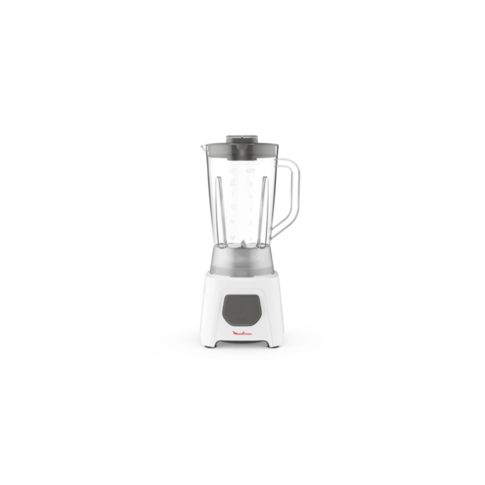 White Moulinex Blender (LM2B2127) with a 450W motor, 1.5L plastic jar, and separate grinder jar. Features include 1 speed, pulse function, and 4 stainless steel blades with ice crushing capability. Perfect budget-friendly blender for Kenyan home use.