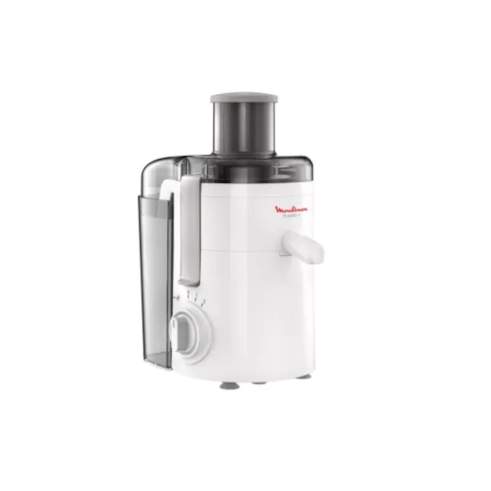 A compact white Moulinex juicer facing forward, featuring a transparent lid, a grey food pusher, a side-attached pulp container, and a rotary speed control dial on the front.