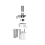 An exploded view of a Moulinex juicer demonstrating its detachable components, including the pusher, cover, stainless steel filter, juice collector, pulp container, and the motor base unit.