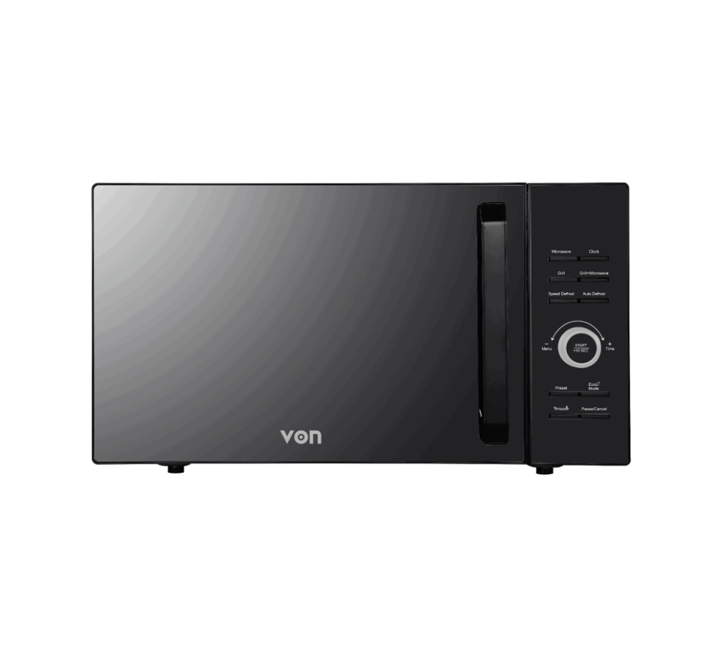 Black Von VAMG-25DGK 25L Digital Grill Microwave. Ideal capacity for Kenyan family meals with fast 900W heating and grilling.