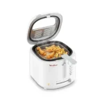 hite Moulinex Uno Deep Fryer AF203127 with the lid open, showing golden french fries (chips) and chicken drumsticks actively frying in oil. Excellent compact fryer for making crispy, delicious meals and snacks for the Kenyan family.