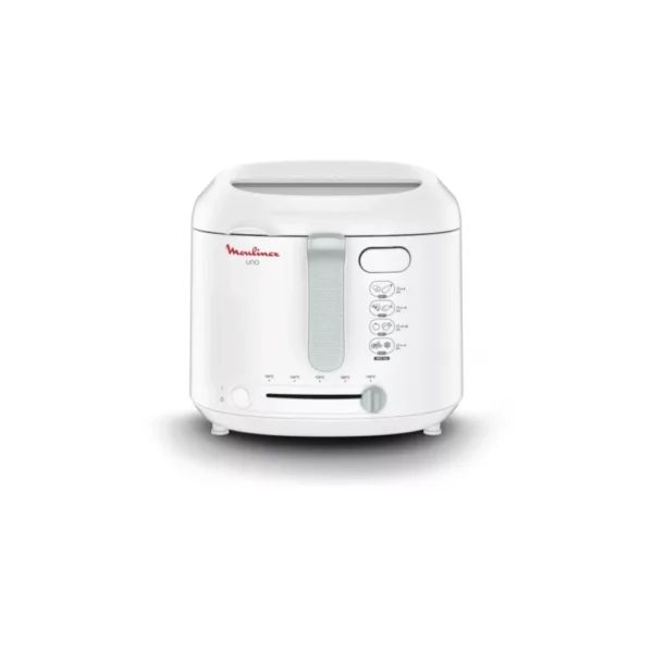 White Moulinex Uno Deep Fryer AF203127 with integrated handle and clear temperature control dial. Compact and efficient fryer, perfect for cooking crispy chips (fries), mandazi, or bhajia for the family in Kenyan households.