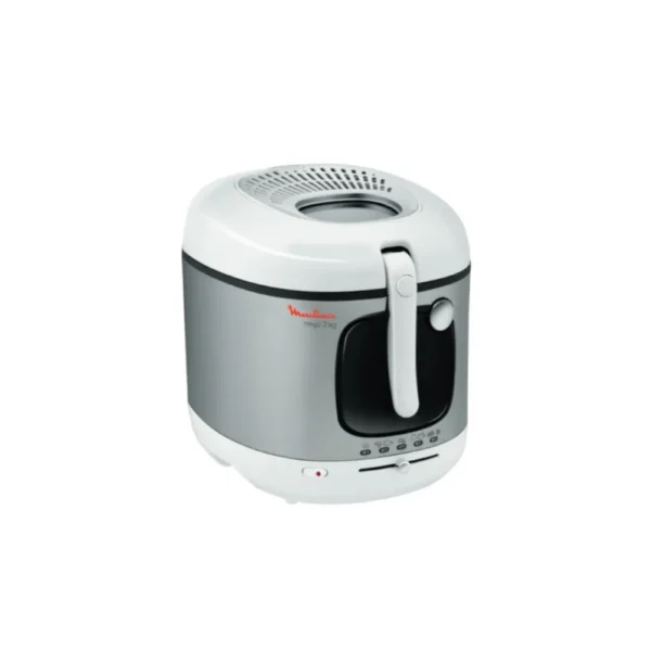Moulinex Mega Deep Fryer AM480027 (2kg capacity) with a brushed stainless steel body, white lid, and large integrated handle. High-capacity appliance for frying large batches of chips (fries), chicken, or samosas efficiently for events or large Kenyan families.