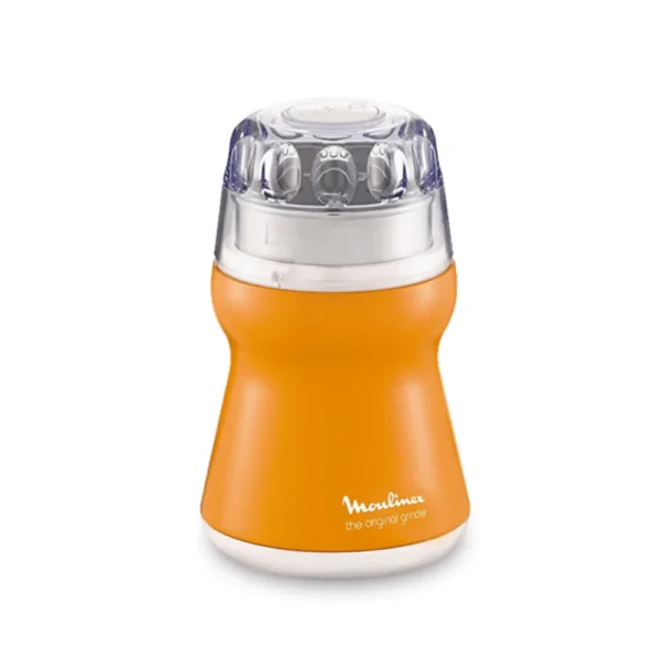 Orange and white Moulinex Coffee and Spice Grinder AR110027 with a transparent top, suitable for quickly grinding beans, spices, or nuts for traditional Kenyan recipes and fresh coffee.