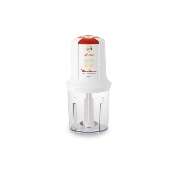 White Moulinette Moulinex Chopper AT711161 (3-in-1) with a 500ml capacity bowl. Compact food chopper for quickly mincing herbs, onions, vegetables, or small amounts of meat for stews and sauces common in Kenyan cooking.