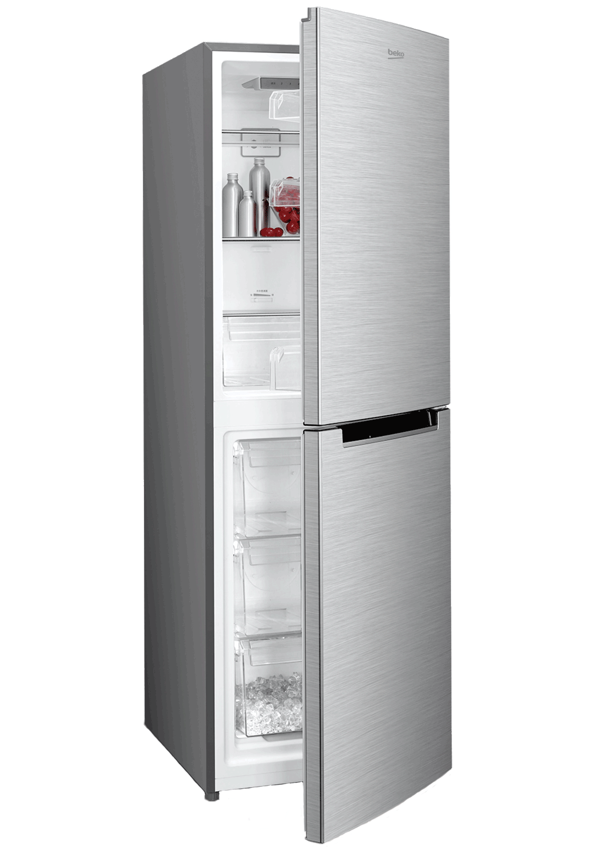 BAD530 UK KE Beko 300L Double Door Fridge (BAD530-UK-KE). Inox Silver, No-Frost, Safety Glass shelves, A+ energy rating, and LED lighting.