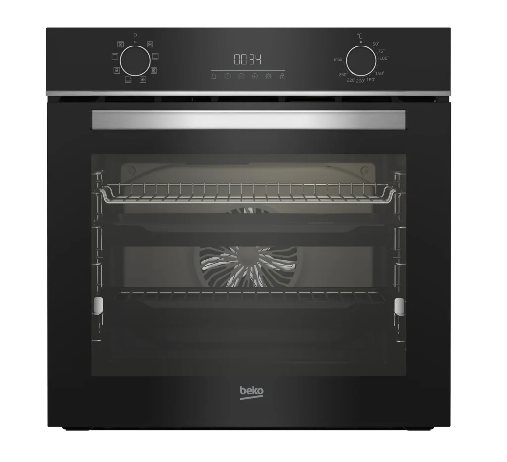 Beko Built-In Oven (BBIM14300BCCH). 72L capacity, 8 functions, and unique black finish with copper/chrome accenting.