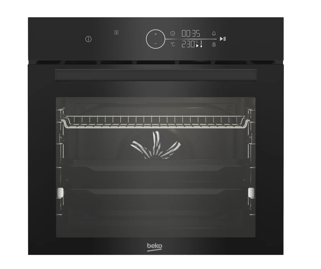 Beko Built-In Oven (BBIM17400BDS). Large 72L capacity, 10 functions, electronic control, and black finish with silver trim.