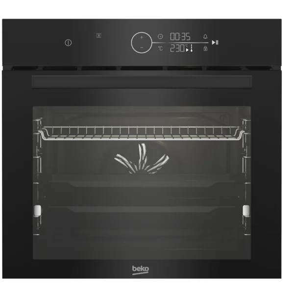 Beko Built-In Oven (BBIM17400BDS). Large 72L capacity, 10 functions, electronic control, and black finish with silver trim.
