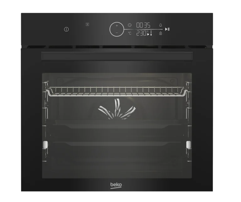 Beko Built-In Oven (BBIM17400BDS). Large 72L capacity, 10 functions, electronic control, and black finish with silver trim.