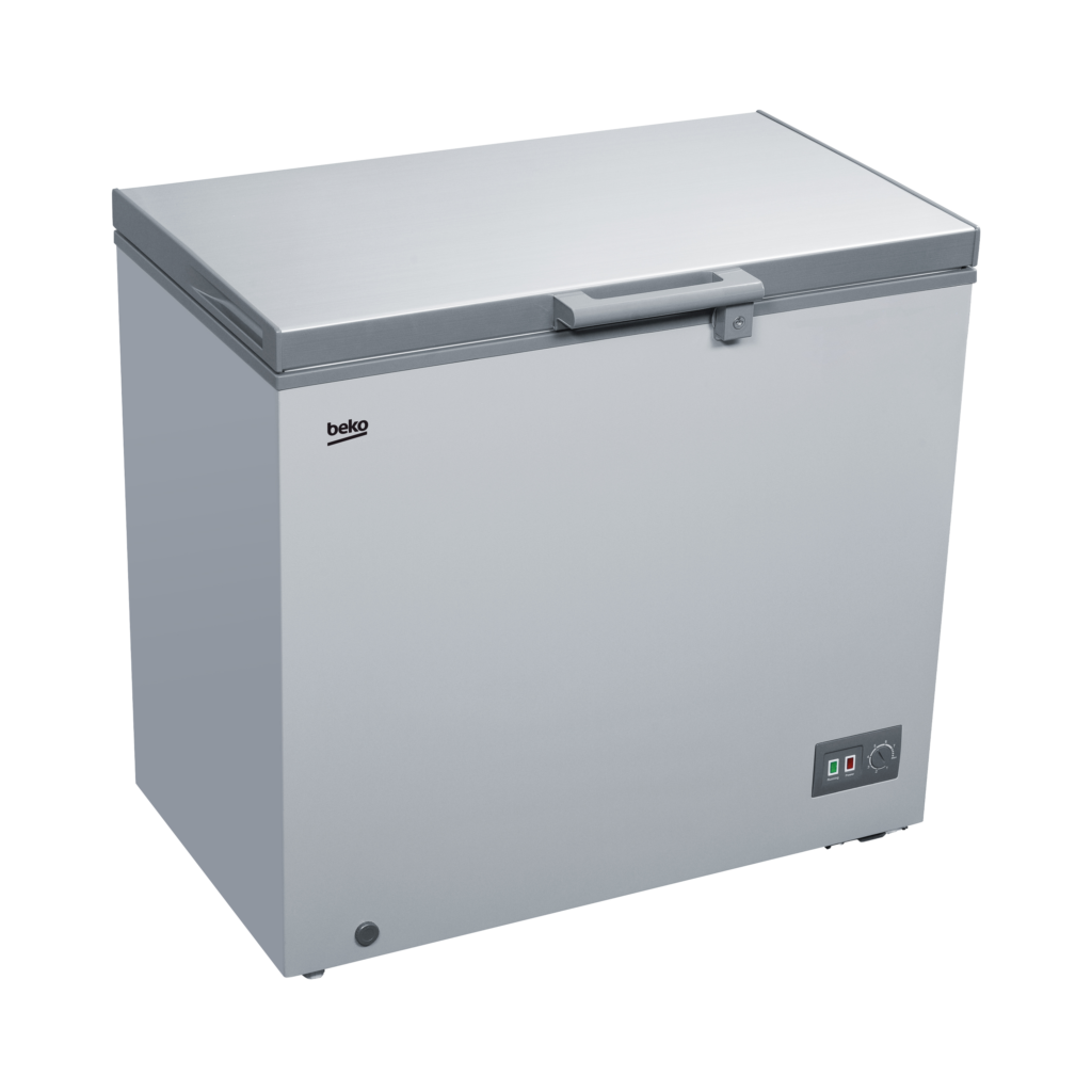 Beko 200L Chest Freezer (BCF2222S-UK-KE). Silver, Tropicalized, MinFrost, lock & key, and energy-efficient cooling.