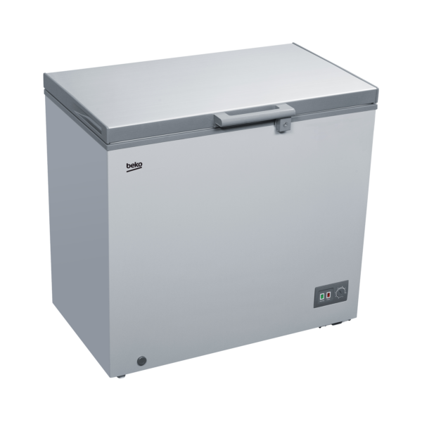 Beko 200L Chest Freezer (BCF2222S-UK-KE). Silver, Tropicalized, MinFrost, lock & key, and energy-efficient cooling.