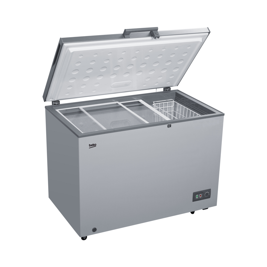 Beko 300L Chest Freezer (BCF3316S-UK-KE). Silver, Tropicalized, MinFrost, lock & key, and energy-efficient cooling.