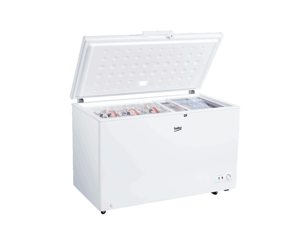 Beko 300L Chest Freezer (BCF3380-UK-KE). White, Tropicalized, MinFrost, lock & key, and energy-efficient cooling system.