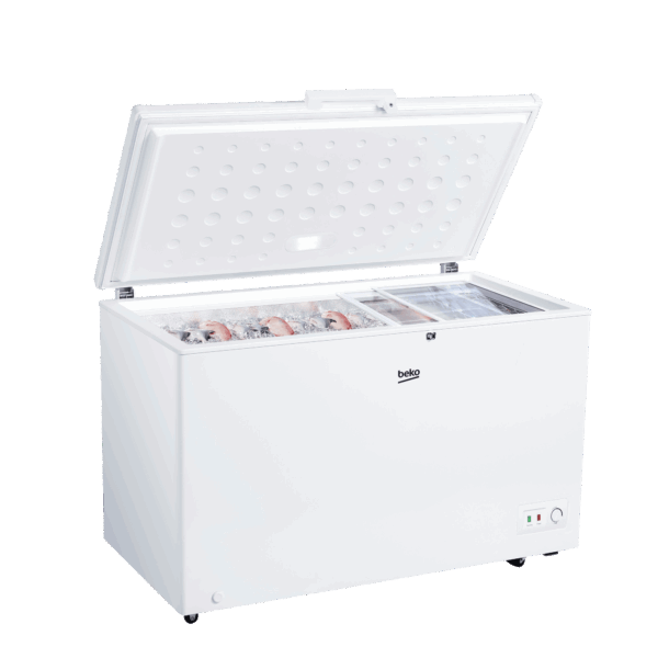 Beko 300L Chest Freezer (BCF3380-UK-KE). White, Tropicalized, MinFrost, lock & key, and energy-efficient cooling system.