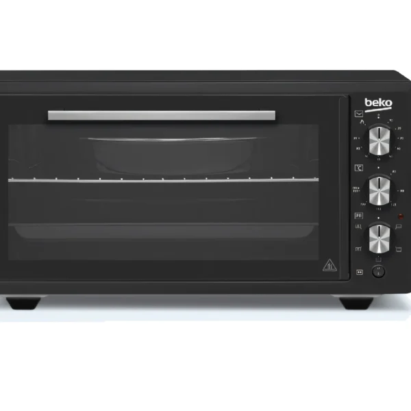 Black Beko BMO4531B 45L Midi Electric Oven. Features 5 functions, fan-assisted cooking, and a rotisserie (turnspit) for roasting.