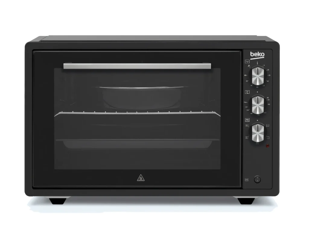 Black Beko BMO7031B 70L Midi Electric Oven. Massive capacity with 5 functions and rotisserie for large roasts.
