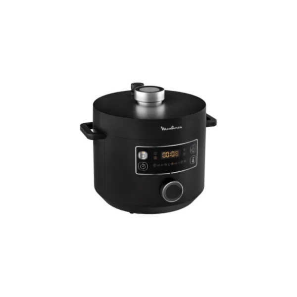 Black Moulinex Digital Electric Pressure Cooker CE753827 (Multi-Cooker) with a silver handle, LED display, and rotary dial control. Perfect for fast, efficient preparation of traditional Kenyan stews, beans, or large batches of soup with multiple preset cooking programs.