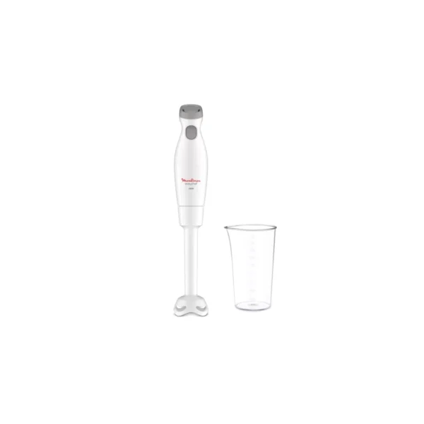 White Moulinex Slim Force Hand Blender DD45A127 with a 450W motor and a measuring beaker. Ideal, lightweight immersion blender for pureeing hot Kenyan soups, preparing baby food, or making quick sauces directly in the pot.