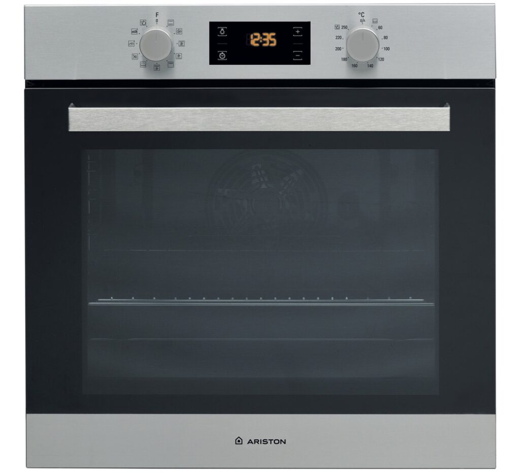Ariston 60cm Built-In Electric Oven (FA3 841 H IX A). 71L capacity, A+ Energy rating, 11 Programs, and Diamond Clean (Hydrolytic) self-cleaning.