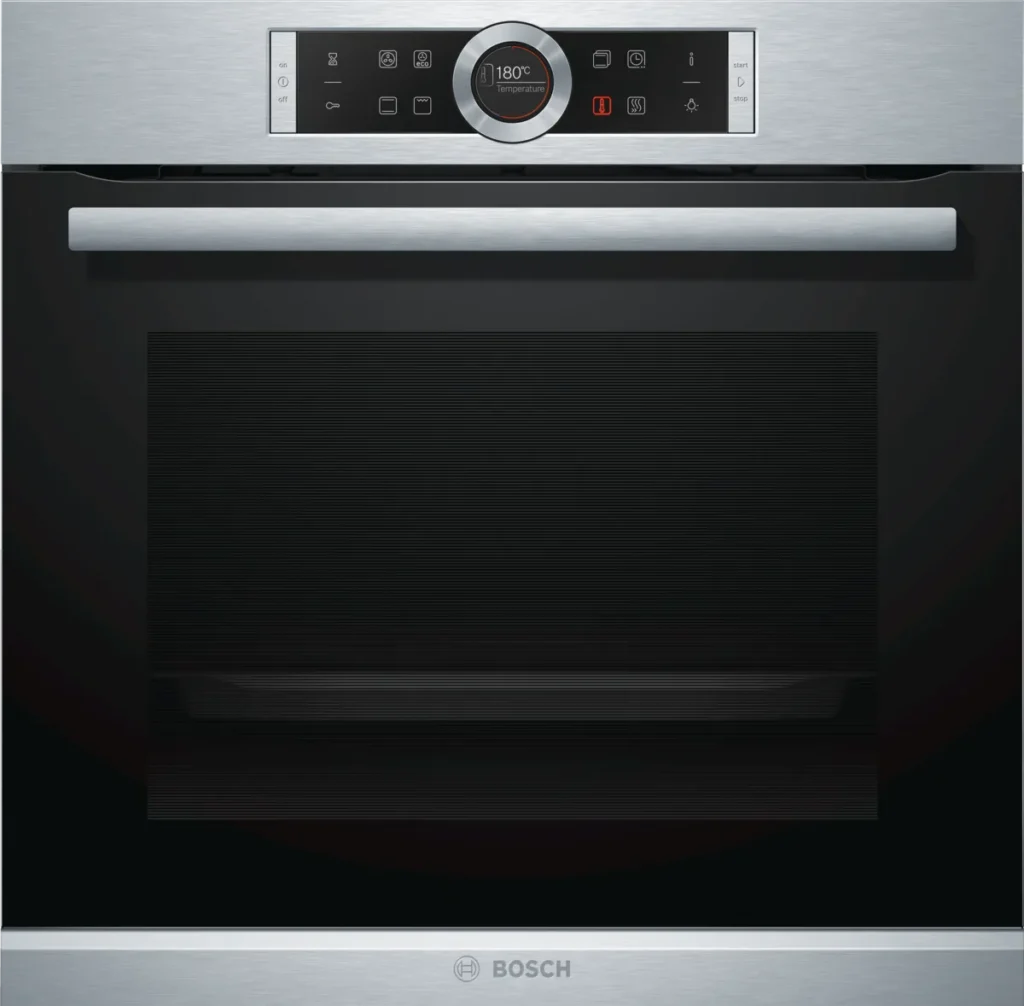 Bosch Series 8 Built-In Oven (HBG634BS1B). 71L capacity, 13 functions, 4D Hot Air, and TFT display with SoftClose door.