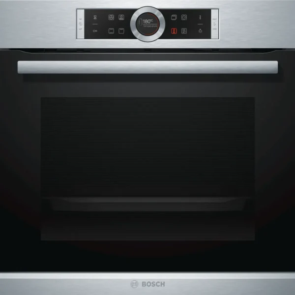Bosch Series 8 Built-In Oven (HBG634BS1B). 71L capacity, 13 functions, 4D Hot Air, and TFT display with SoftClose door.