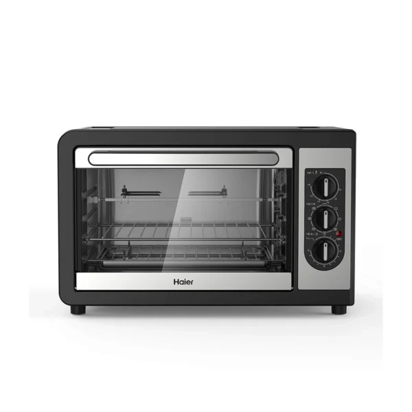 Black Haier 36L Electric Oven Toaster HEO36L-D1. Features 2000W power, rotisserie, and convection fan for versatile cooking.