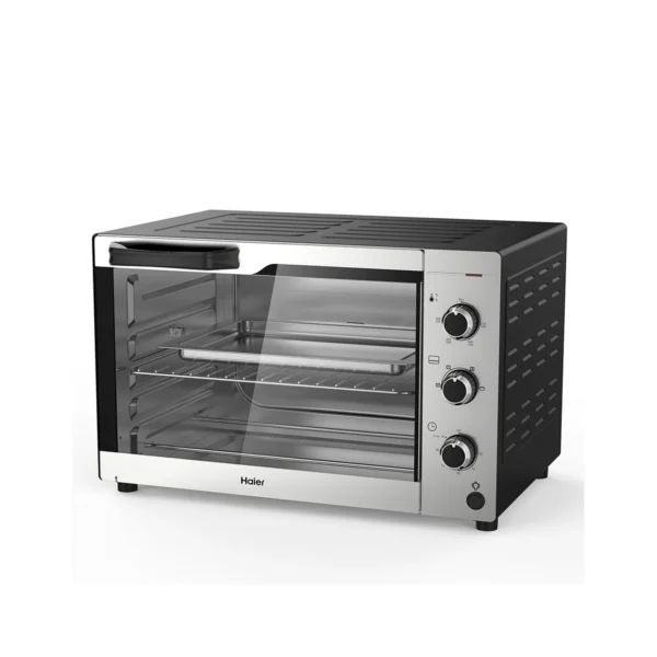 Silver Haier 42L Electric Oven Toaster HEO42L-D1. Features 2000W power, rotisserie, and convection for versatile countertop cooking.