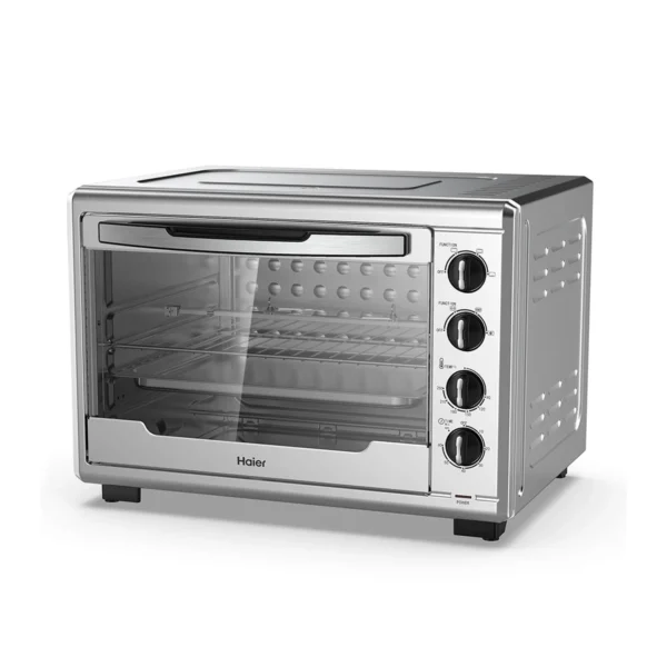 Silver Haier 60L Electric Oven Toaster HEO60L-FS. Massive 2000W capacity, rotisserie, and convection for full family baking.