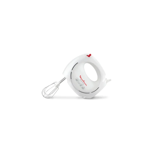 White Moulinex Quickmix Hand Mixer HM250127 with twin stainless steel whisk beaters attached. A compact, lightweight electric mixer essential for baking cakes, whipping cream, or kneading light dough in Kenyan homes.