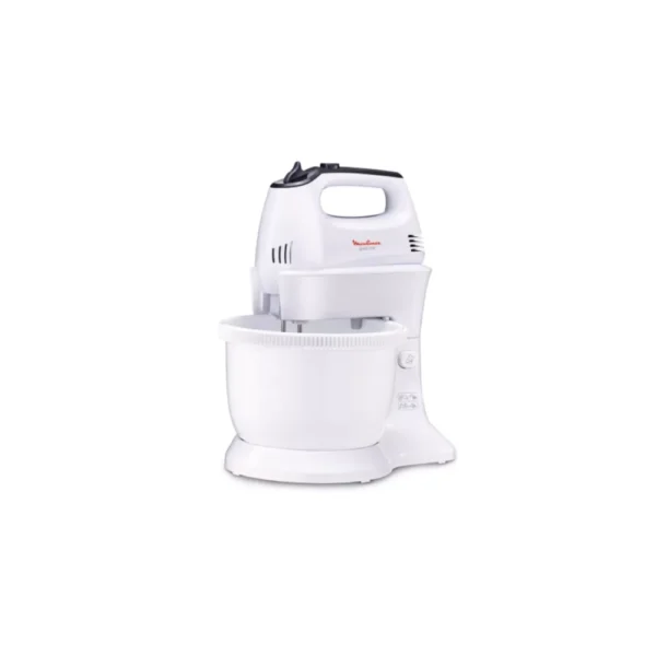 White Moulinex Stand Mixer with Rotating Bowl HM311127. Features a detachable mixer head and a large plastic bowl for hands-free operation. Essential kitchen tool for Kenyan bakers making cakes, cookies, and chapati dough.