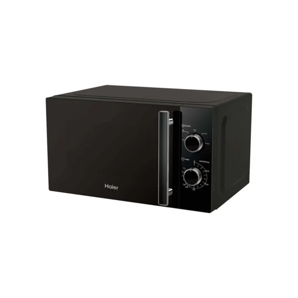 Black Haier HMW20MB 20L Mechanical Solo Microwave. Durable 700W model with simple timer and power dials for straightforward reheating.