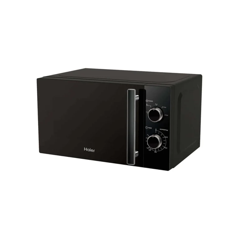 Black Haier HMW20MB 20L Mechanical Solo Microwave. Durable 700W model with simple timer and power dials for straightforward reheating.