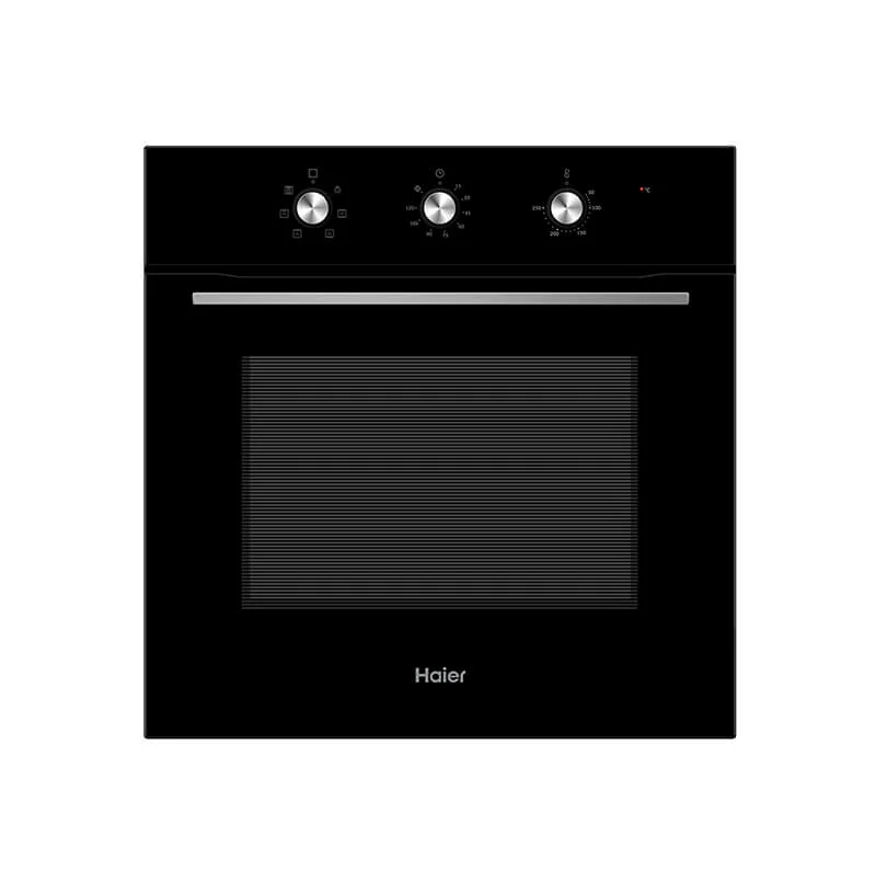 Black Haier Built-In Oven (HOM-6400B). Large 67L capacity, A Energy rating, mechanical timer, and multifunction with fan/grill.
