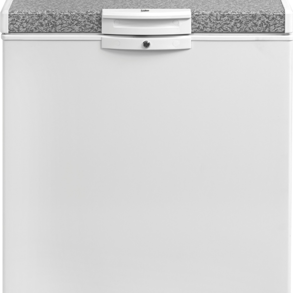 Beko 250L Chest Freezer (HS255-KE). White, Tropicalized, MinFrost, lock & key, and energy-efficient cooling system.