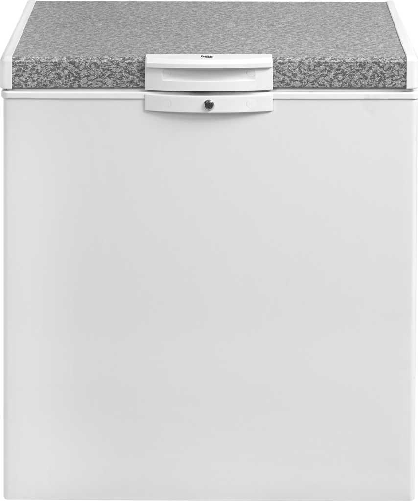Beko 250L Chest Freezer (HS255-KE). White, Tropicalized, MinFrost, lock & key, and energy-efficient cooling system.