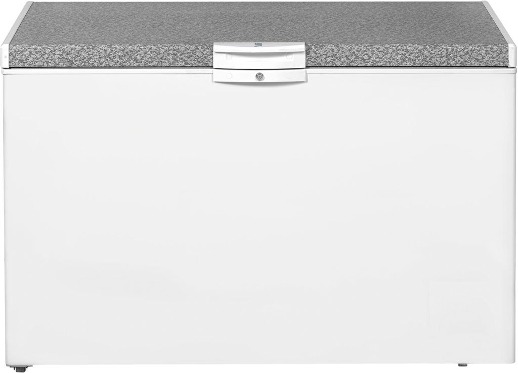Beko 450L Chest Freezer (HS455-KE). White, Tropicalized, MinFrost, lock & key, and energy-efficient cooling system.
