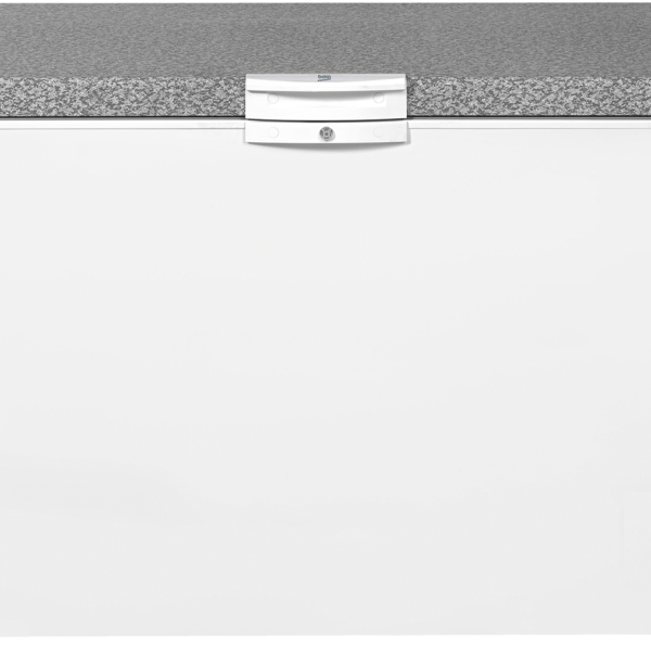 Beko 450L Chest Freezer (HS455-KE). White, Tropicalized, MinFrost, lock & key, and energy-efficient cooling system.