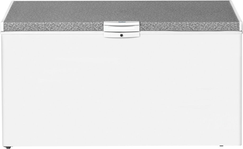 Beko 500L Chest Freezer (HS530-KE). White, Tropicalized, MinFrost, lock & key, and energy-efficient cooling system.